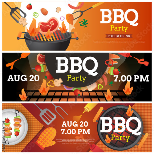 set banner of BBQ party invitation ,card or poster template with grill and food flyer vector flat style  illustration.