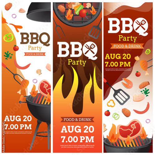 set banner of BBQ party invitation ,card or poster template with grill and food flyer vector flat style  illustration.
