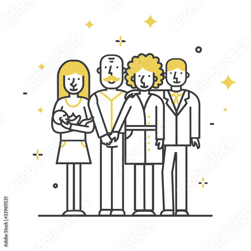 Family concept - parents, children and their grandparents -  flat style characters. 