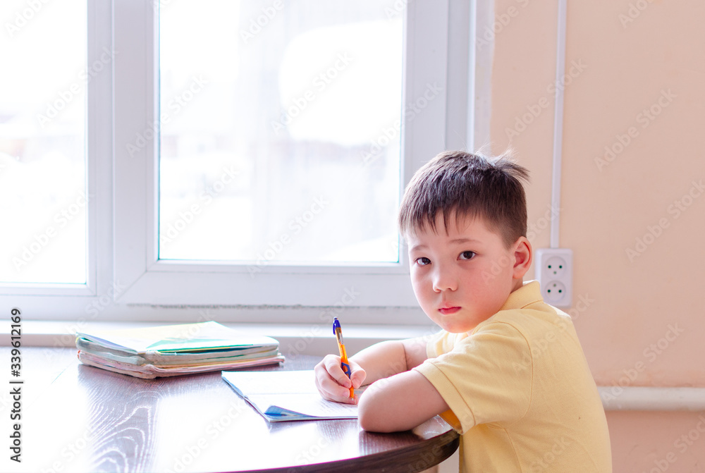 Asian child boy student in medical face mask homework online lesson at home, epidemic Coronavirus, MERS-CoV, 2019-nCoV, quarantine, Covid-19 self-isolation, online education, home schooling Asian child boy student in medical face mask homework online lesson at home, epidemic Coronavirus, MERS-CoV, 2019-nCoV, quarantine, Covid-19 self-isolation, online education, home schooling