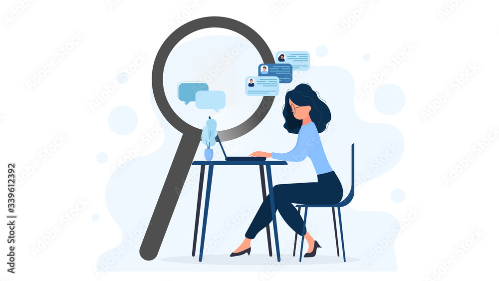 The girl with glasses sits at the table. A laptop employs a hiring and recruiting specialist. The concept of finding people to work, view vacancies and resumes. Isolated. Vector. The girl with glasses sits at the table. A laptop employs a hiring and recruiting specialist. The concept of finding people to work, view vacancies and resumes. Isolated. Vector.