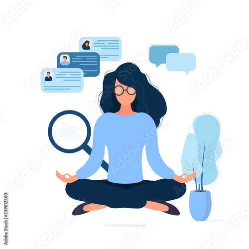 The girl in glasses is meditating. Recruitment and Recruitment Specialist. The concept of finding people to work, view vacancies and resumes. Isolated. Vector.