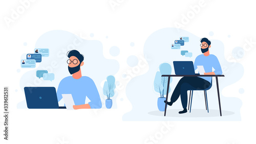 Set of men working on a laptop. The guy is sitting at the table with a laptop. Flat style. Good for image work, office, hiring staff. Vector illustration