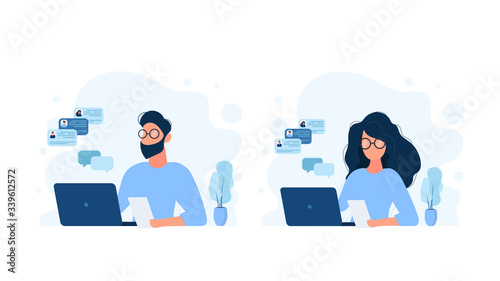 A set of people working on a computer. A girl and a guy are working on a laptop. Vacancy, resume. Suitable for registration on the topic of job search and workers. Isolated. Vector.