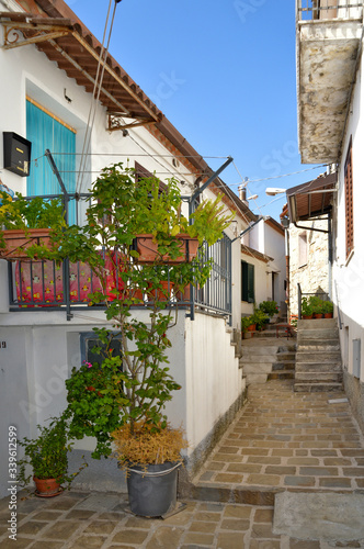 A narrow street among the picturesque houses of a mountain village