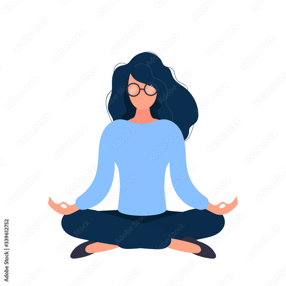 The girl in glasses is meditating. Isolated. Vector.