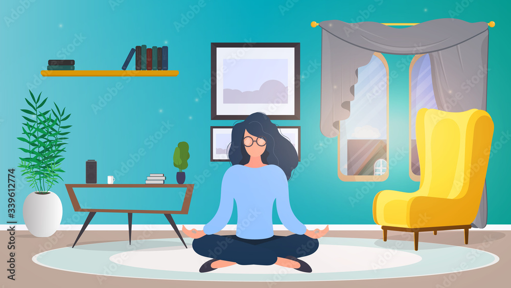 The girl is meditating in the room. Girl doing yoga. Vector illustration.