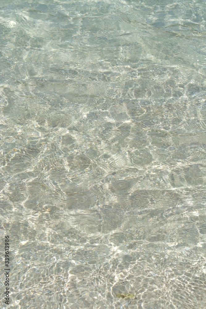 Transparent turquoise sea water, natural background. Sea surface in a turquoise lagoon. The texture of sea water. Summer and travel vacation concept.