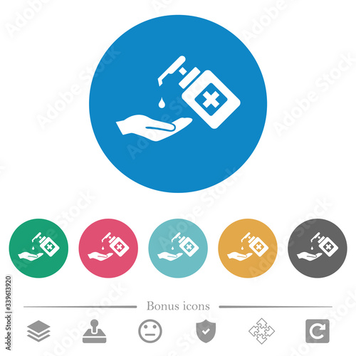 Hand washing with hand sanitizer flat round icons