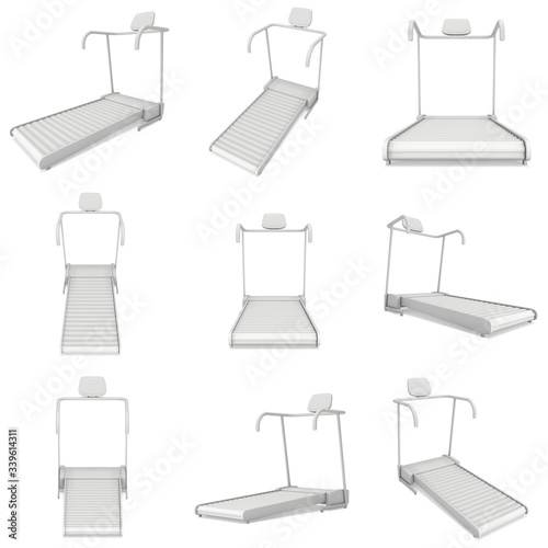 Treadmill machine set. Gym and fitness equipment. 3d render isolated on white background.
