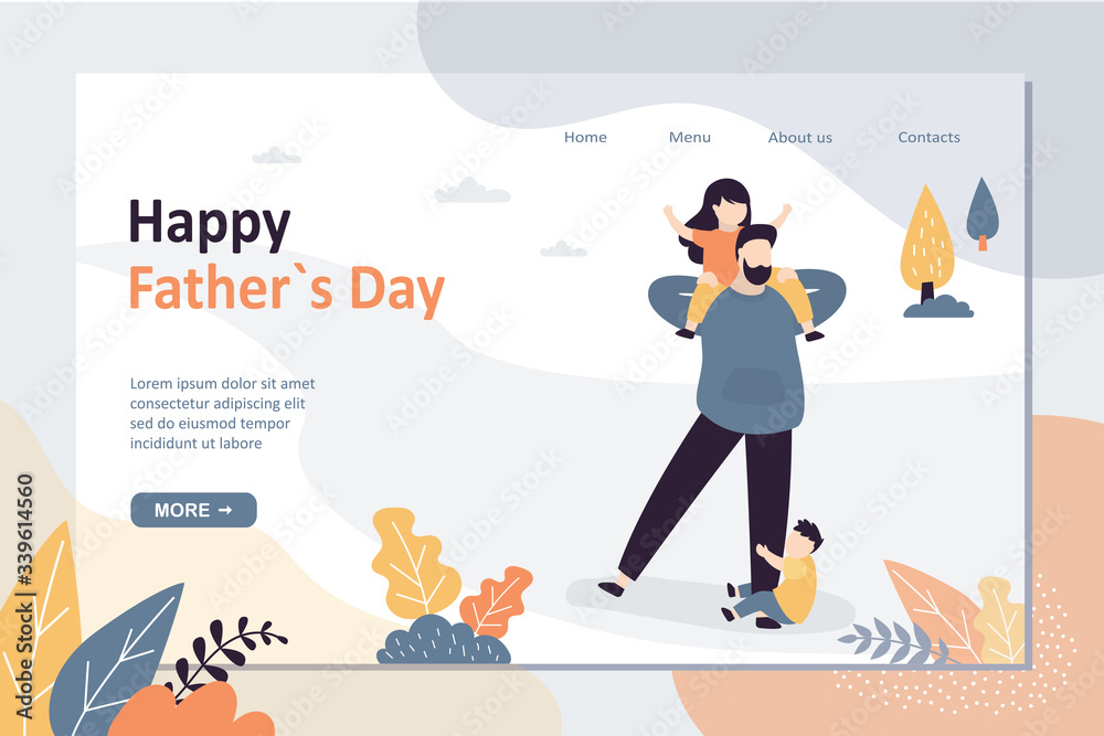 Happy father day landing page template. Dad spends time with children. Family activities concept. Happy father day landing page template. Dad spends time with children. Family activities concept.
