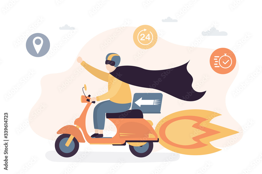Funny delivery man ride motorbike. Courier dressed as a superhero. Fast delivey concept background. Bike with flame