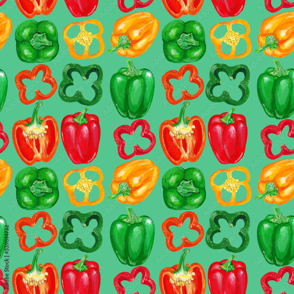 Fototapeta premium Red, yellow, green bell pepper with slices. Vegetable seamless pattern.