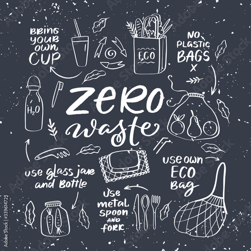 Zero waste handdrawn icon set isolated on white background