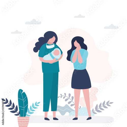 Beauty nurse or doctor holds a newborn baby in hands, happy mother standing near. Accoucheur in uniform holding child.