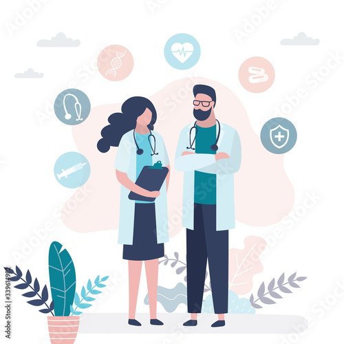 Man and woman doctors. Male doctor and female nurse. Medical workers and medicine icons or signs.