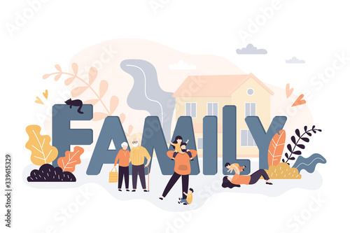 Big letters-family. Tiny people in different poses. Parents spend time with children. Weekend activity with kids.