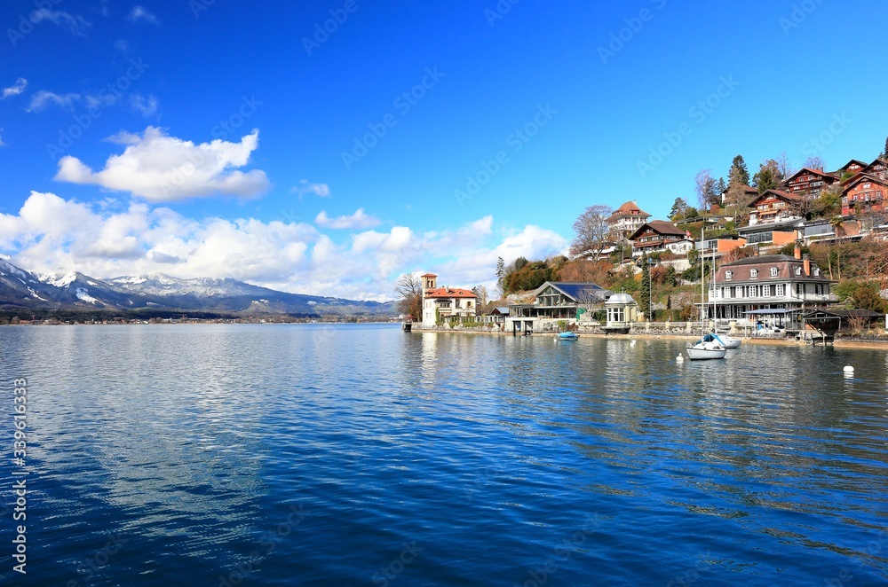 Oberhofen am Thunersee. The town is located on the northern shore of Lake Thun. Switzerland, Europe.