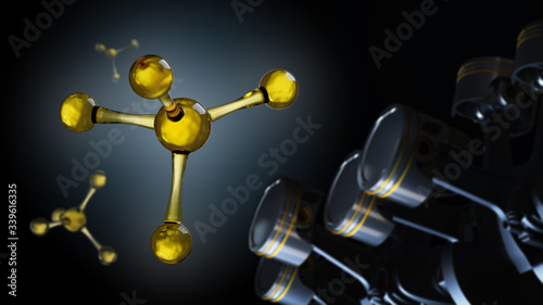 3D illustration of machine oil molecule on the background of engine