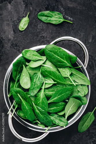 Fresh green raw organic spinach leaves in colander on dark stone background.