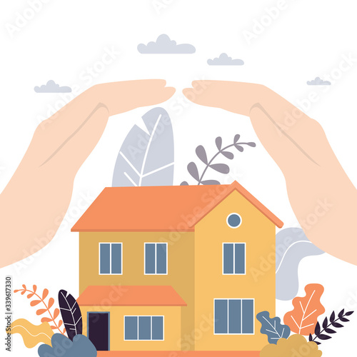 Real estate insurance concept background. Hands of businessman covering house with care.