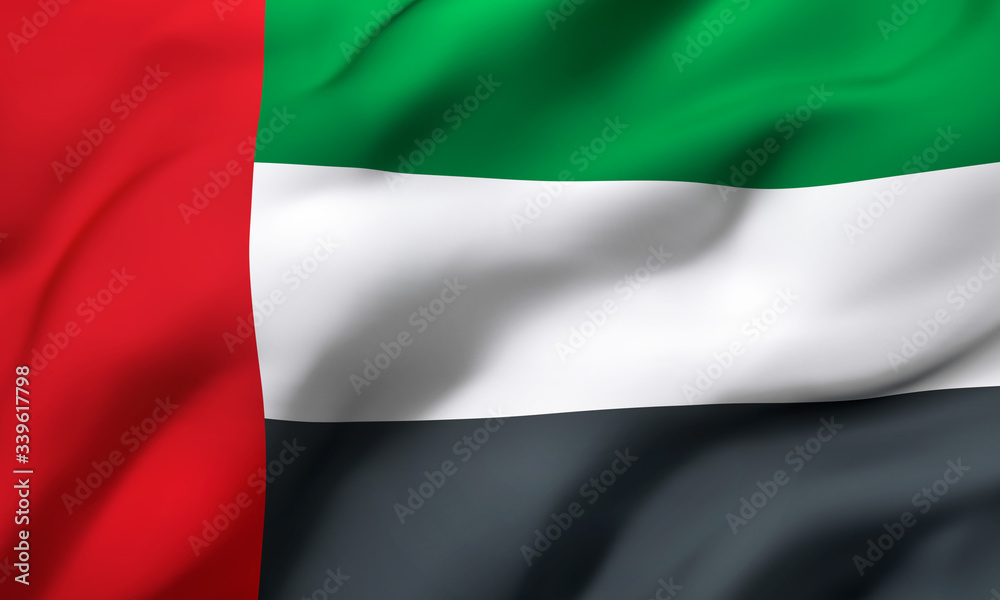 Flag of The United Arab Emirates blowing in the wind. Full page Emirates flying flag. 3D illustration.