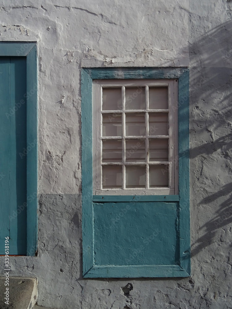 Window in historic colonial house. 
Old city center of Santa Cruz. La Palma Island. Canary Islands. Spain.