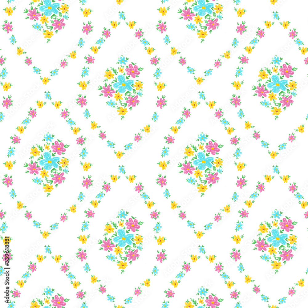Hand drawn vintage floral wall paper with simple flowers , seamless pattern