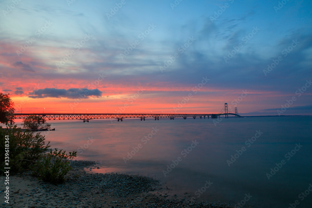 Mackinac Beach and Bridge in sunset Mackinac Beach and Bridge in sunset