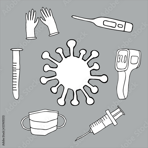 Vector black and white isolated design medical set regarding coronavirus, including virus cell, mask, gloves, syringe with vaccine, and thermometers. The design is perfect for advertisement, stickers