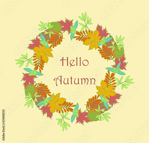 Round shaped wreath with tree leaves and flowers blooming in spring