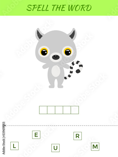 Spelling word scramble game template. Educational activity for preschool years kids and toddlers with cute lemur. Flat vector stock illustration.