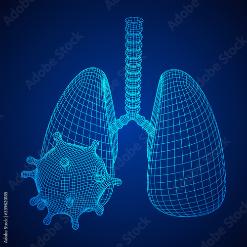 Corona Virus and Lungs with trachea bronchi internal organ human. Covid virus pulmonology medicine science concept. Wireframe low poly mesh vector illustration.