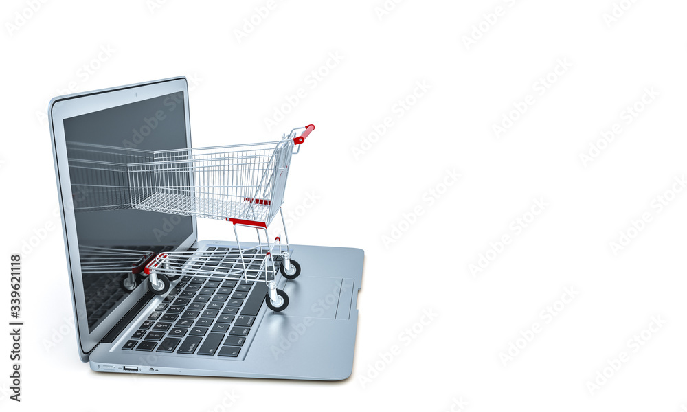 online shopping concept, shopping cart enters a notebook monitor