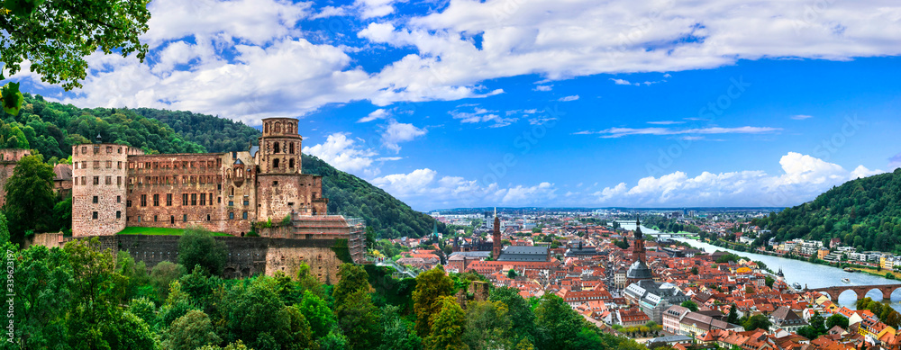 Fototapeta premium Heidelberg Cityscape with Castle and Neckar River: Historic Old Town View from Above, Medieval German Architecture, Karl Theodor Bridge, Romantic Germany Travel Destination, High Resolution 4K