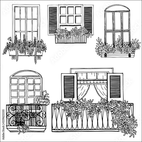 Windows, balcony, flower in pot set. Hand-drawn, Doodle style 