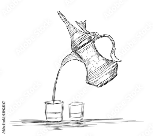 Middle Eastern Culture Dallah - Vector Illustration of the arabic coffee pot and cups