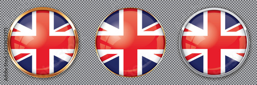 Round buttons with flag of UK on transparent background