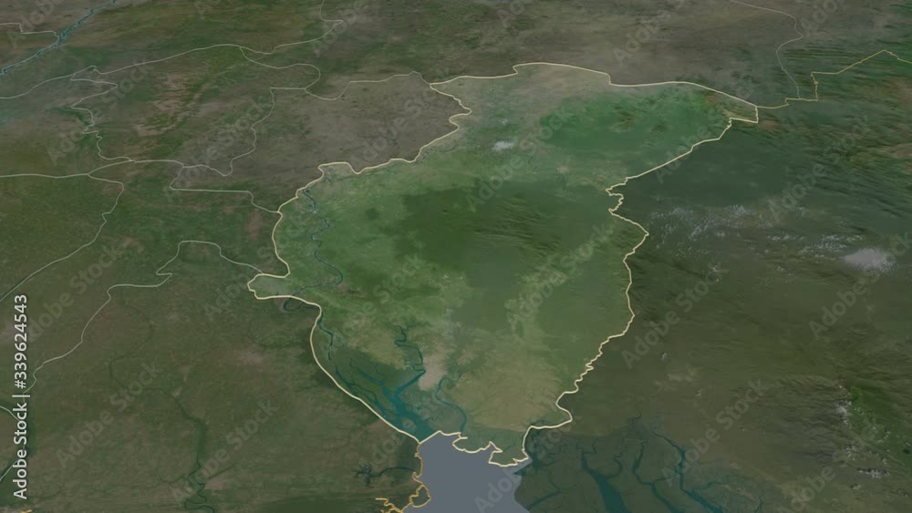 Cross River, state with its capital, zoomed and extruded on the satellite map of Nigeria in the conformal Stereographic projection. Animation 3D