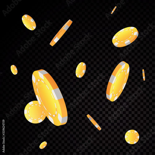 Gold casino poker chips falling isolated on black transparency background