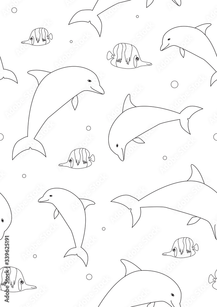 Naklejka premium Seamless pattern or coloring page with dolphins and butterfly fish on a white background, outline vector stock illustration with a random marine animal or mammal