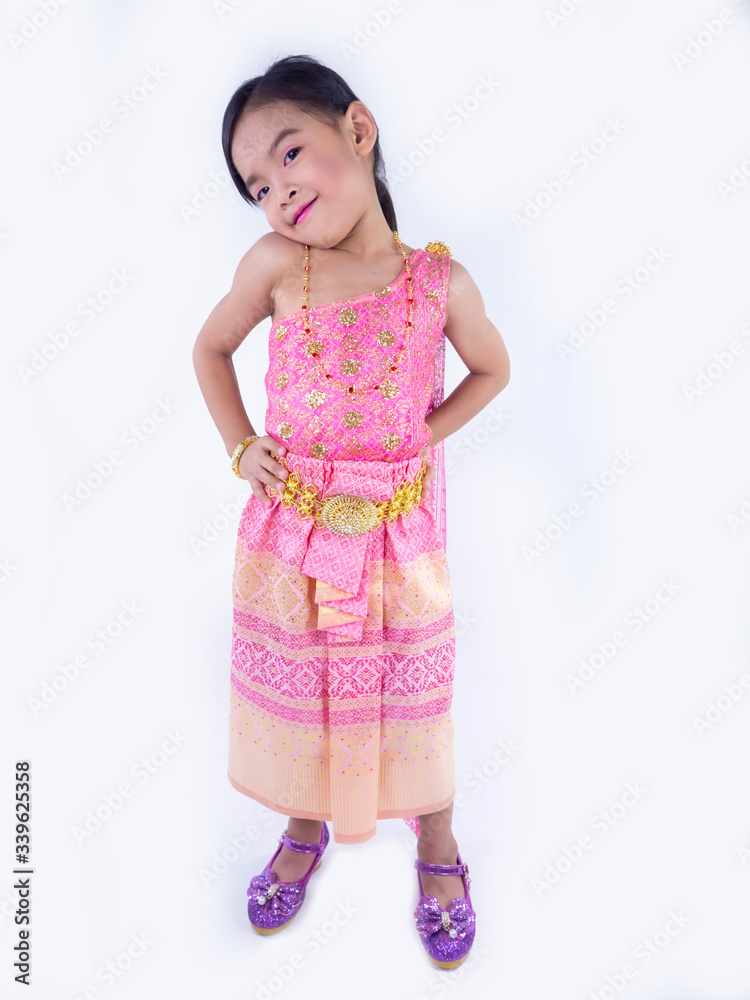 children girl in pink Thai dress  on white background