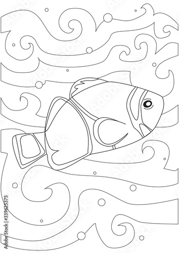 Coloring page with clown fish or amphiproton on a white background, outline vector stock illustration with the seabed as anti-stress therapy for adults and children