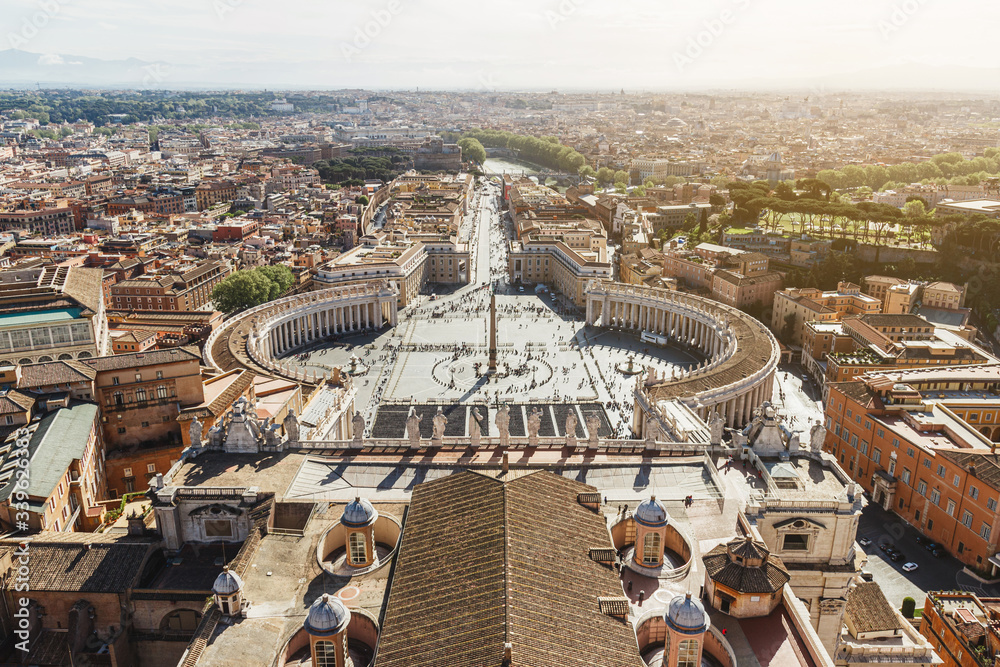 Saint Peter's Square in Vatican and aerial view of Rome. Panorama.