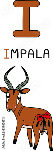 A capital letter of  I impala animal antelope found in eastern and southern Africa; Features is glossy, reddish brown coat and black-faced with long and beautiful horn. Cartoon doodle flat design.