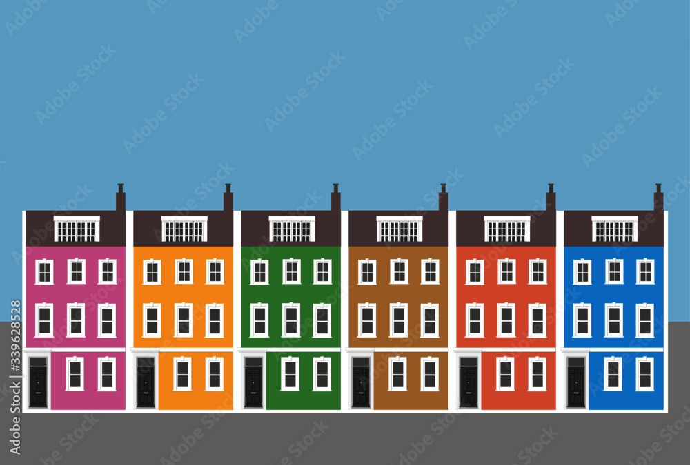 Row of colourful terraced four story Georgian Houses