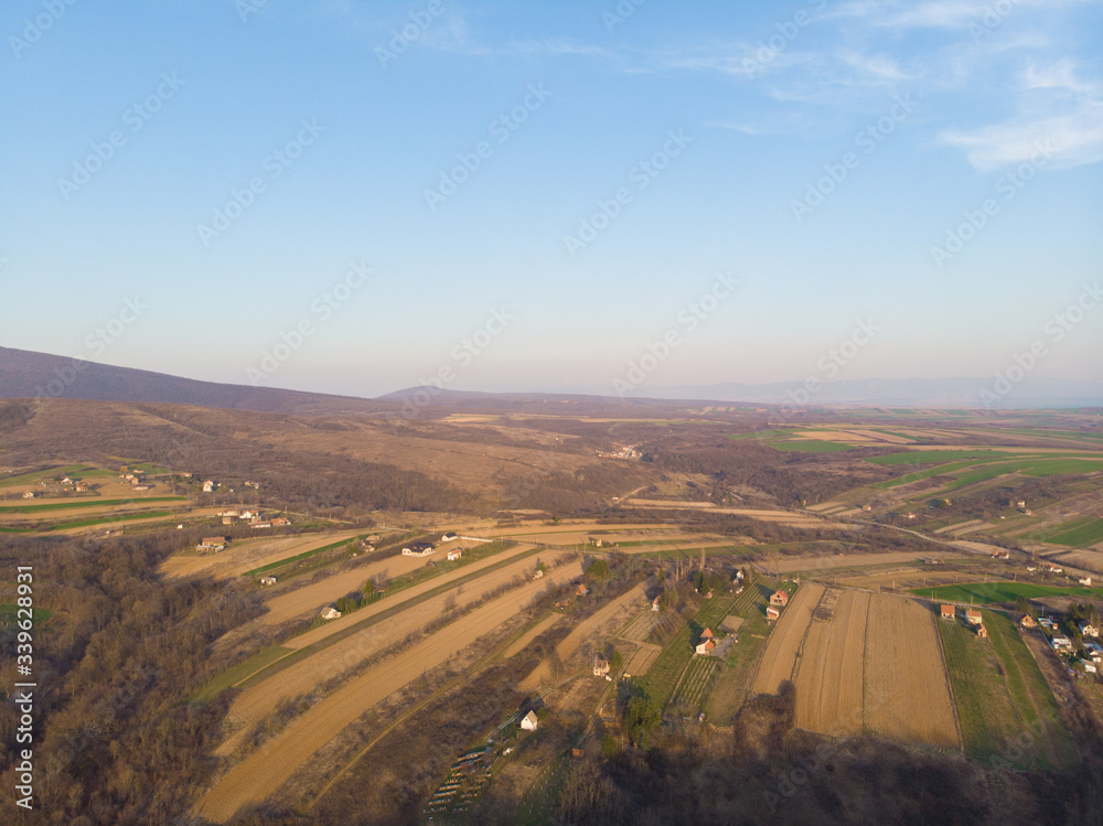 A village in the hills. Aerial photography.