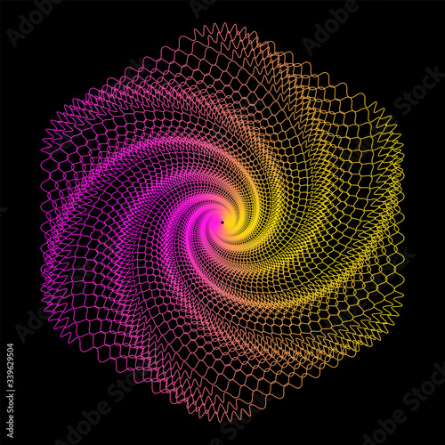 Psychedelic wave fractal. Bright pink-orange gradient on a black background. Abstract futuristic lines.