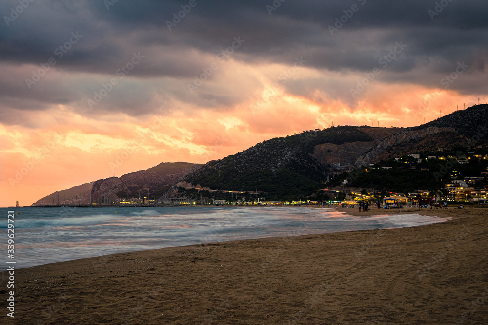 Sunset over the beach in Castelldefels, Catalonia, Spain.