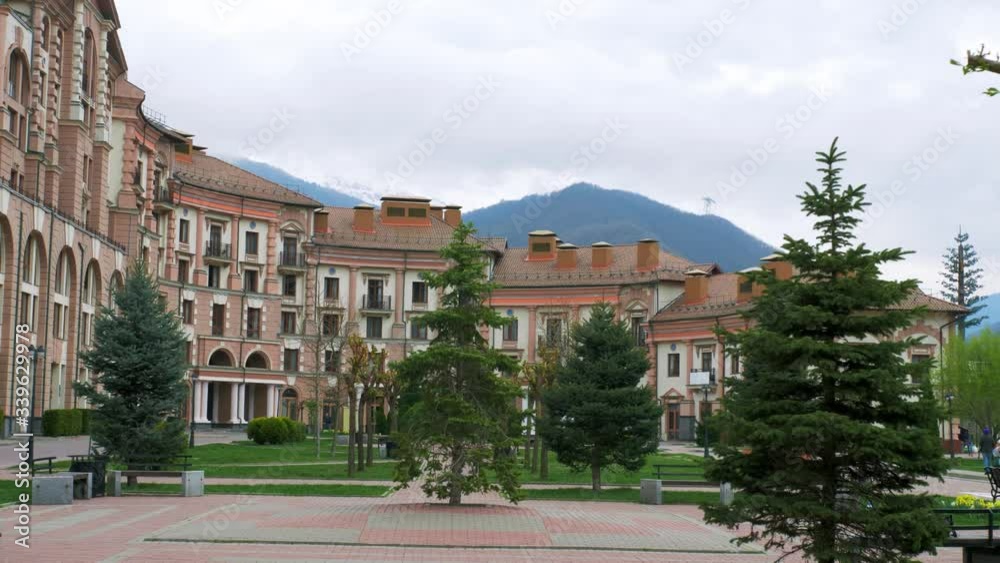 Spruce tree in an empty square stirring in the wind, beautiful buildings backwards, lawn and another trees around, day light, natural light Spruce tree in an empty square stirring in the wind, beautiful buildings backwards, lawn and another trees around, day light, natural light